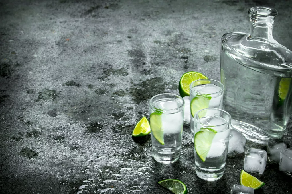 Vodka with pieces of lime and ice cubes.
